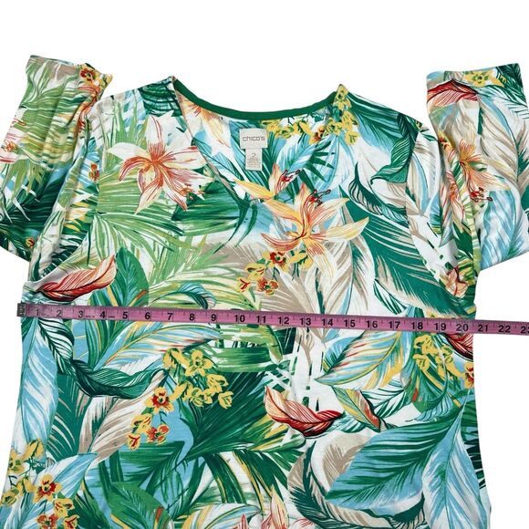 Chico's Women's Top Size 2 Large Multi Tropical Floral Asymmetrical Hem Shirt - Picture 7 of 11